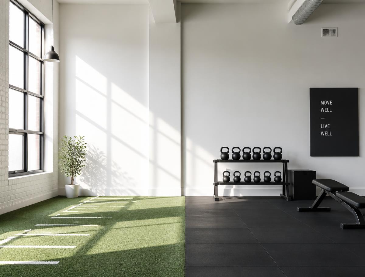 Open training floor with turf and kettlebells